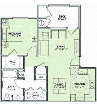 Floor plan for 1 bed, 1 bath, 696 sqft